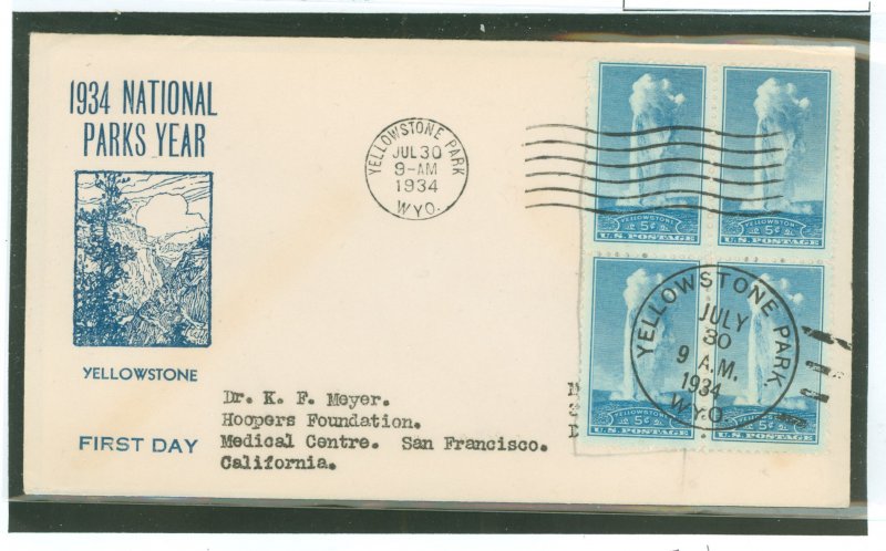 US 744 1934 5c Yellowstone (part of the National Park series) block of four on an addressed first day cover with a Fairways cach