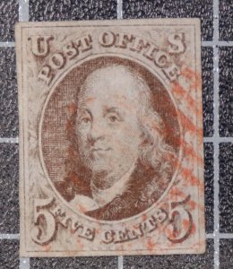 Scott 1 - 5 Cents Washington - Used - Nice Stamp Red Cancel SCV - $350.00 