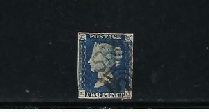 GREAT BRITAIN SCOTT #2 VICTORIA 1840 2P BLUE- IMPERFORATE-  USED