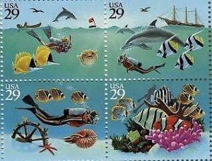 1994 Wonders of the Sea Block of 4 29c Postage Stamps, Sc #2863-2866, MNH, OG