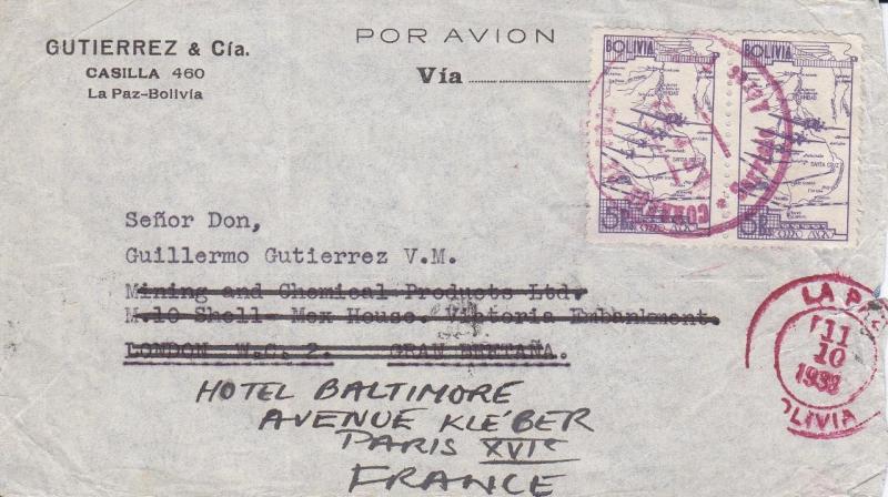 Bolivia to England, Fwd to France, 1938, Airmail, See Remark (21570)