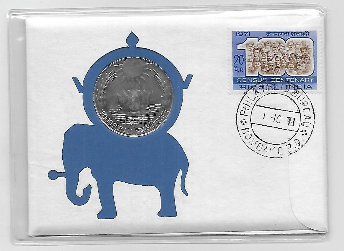 India Coin Cover 1971 10 rupees 80 Silver Coin Honor the FAO Asia