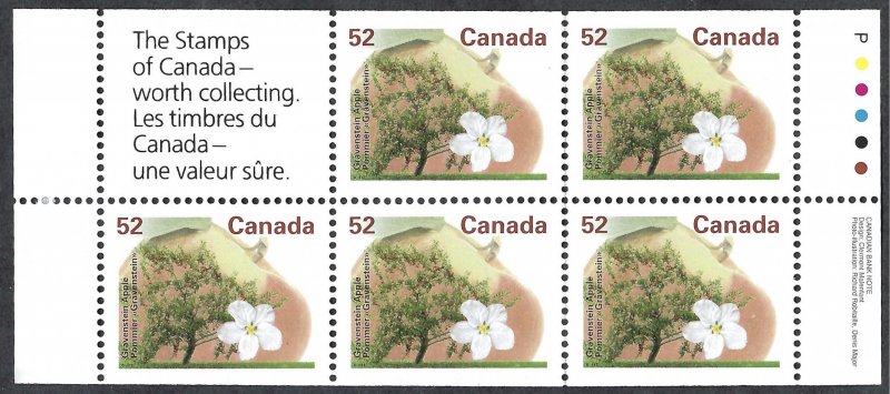 Canada #1366a 52¢ Gravenstein Apple (1995). Pane of 5 stamps. Perf. 13. MNH