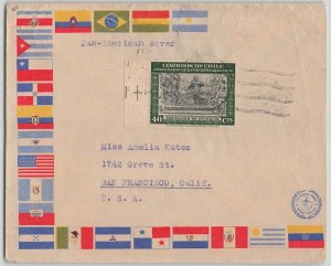Chile 1940s B. O'Higgins Illustrated Pan-American Flag Cover Iquique to USA