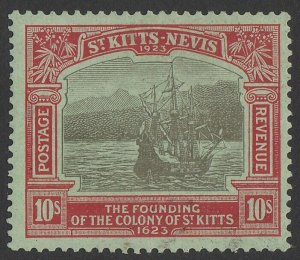 ST. KITTS-NEVIS 1923 Tercentenary 10/- black & red on emerald.