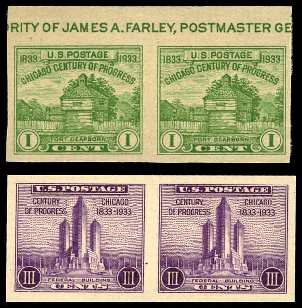 US Sc 730a-731a PAIRS - NGAI 1¢ & 3¢ 1933 Chicago World's Fair IMPERF