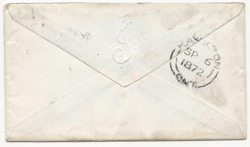 US Scott #148 on Cover Springfield, MA September 5, 1872 to Hamilton, Canada VF