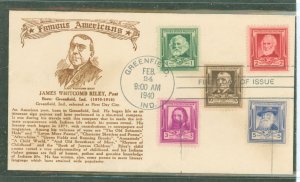 US 864-868 (1940) 10c James Whitcolm Riley with Greenfield, Indiana first day cancel and a Crosby text cachet-The rest of the fa