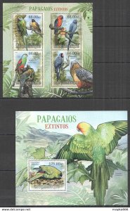 2012 Mozambique Fauna Extinct Birds Parrots Papagaios Bl+Kb ** Bc963