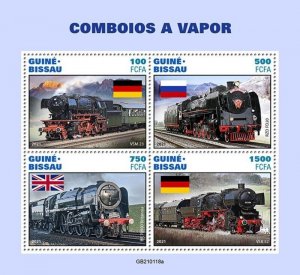 Guinea-Bissau - 2021 Steam Trains and Flags - 4 Stamp Sheet - GB210118a 