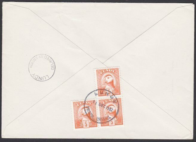 GB LUNDY 1982 cover  - Puffin stamps - DELAYED BY STORM.....................F880