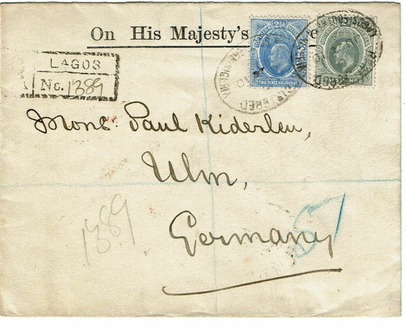 Southern Nigeria 1910 Lagos cancel on registered cover to Germany