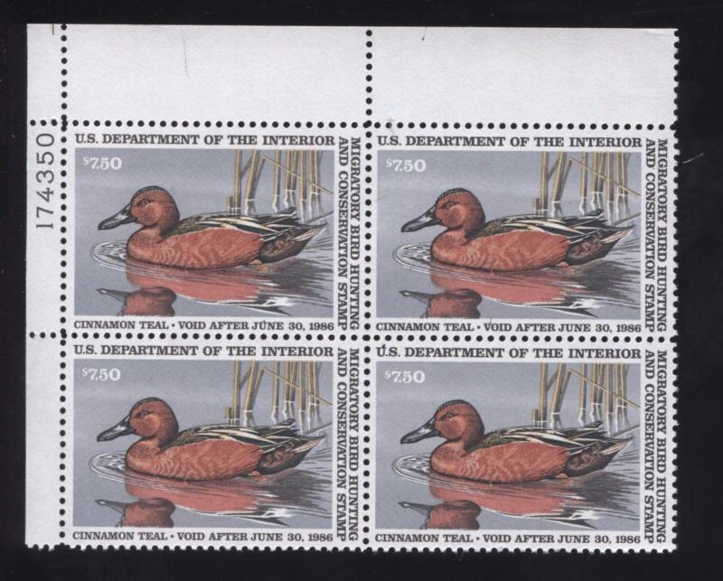 1985 US Federal Cinnamon Teal Duck Hunting Stamp RW52 Plate Block of 4 VF NH OG