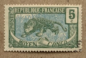 Middle Congo 1907 5c  green & blue Leopard, used.  Scott 4, CV $0.85