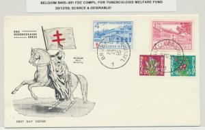 BELGIUM 1950 TUBERCULOSIS WELFARE SET ON FIRST DAY COVER Sc#B485-91 (SEE BELOW)