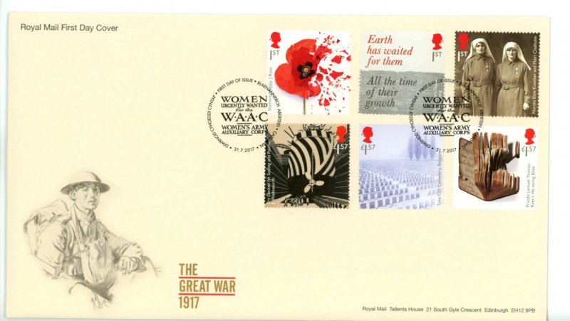 Great Britain 2017 FDC  Great War 1917 Women's Army Auxiliary Corps Cancel Sc...