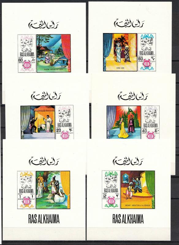 Ras Al Khaima, Mi cat. 281-286 C. Operas issue, Music Deluxe s/sheets. ^