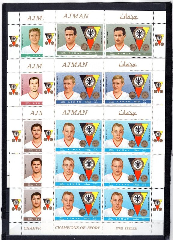 AJMAN 1969 SOCCER/FAMOUS GERMAN PLAYERS 6 SHEETS OF 6 STAMPS PERF. MNH