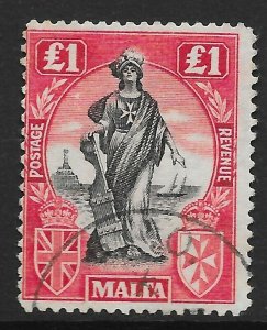 MALTA SG139 1922 £1 BLACK & CARMINE-RED USED (s)