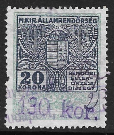 HUNGARY REVENUES 1921 20k IDENTITY PAPERS Bft 1 Used