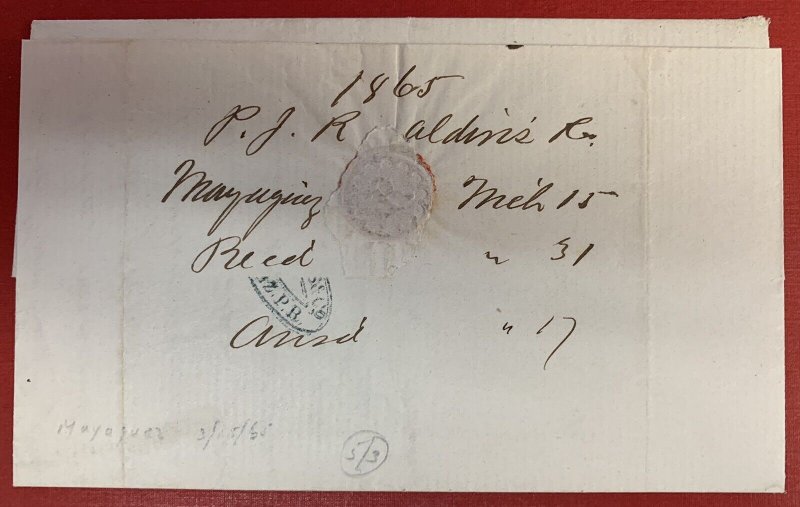 Puerto Rico, 1865 Stampless Cover/Folded Letter, NEW YORK SHIP LETTER cancel 