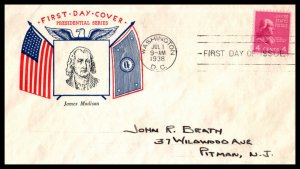 1938 Presidential Series Prexy Sc 808-5 4c Madison with Fidelity cachet (A