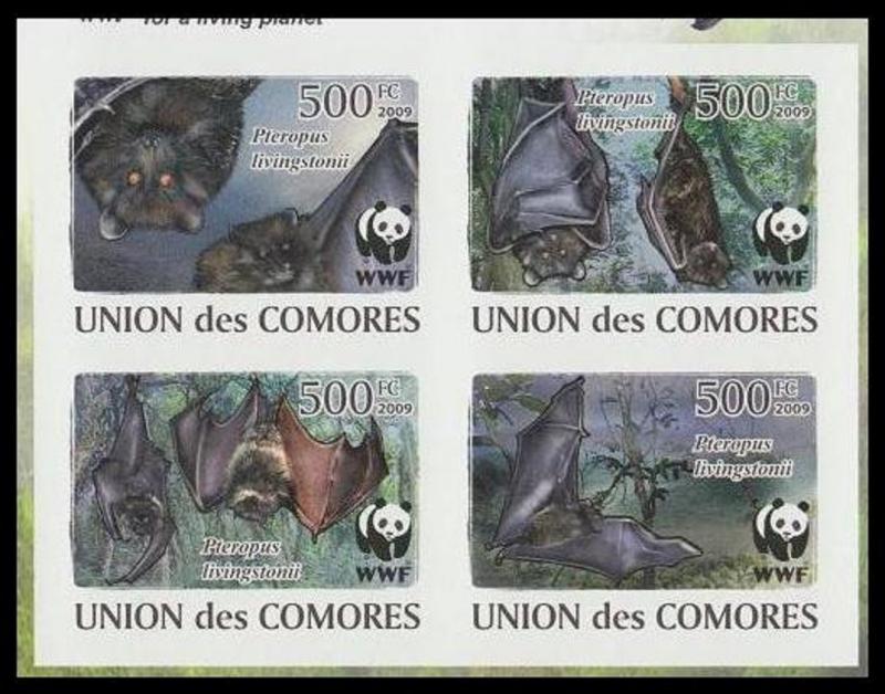 Comoro Is. WWF Livingstone's Fruit Bat 4 imperforated stamps in block 2*2