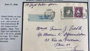 1946 Dublin Ireland First airmail flight Cover FFC to Paris France Aer Lingus