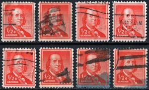 SC#1030 ½¢ Benjamin Franklin (1955) Used Lot of 8 Stamps