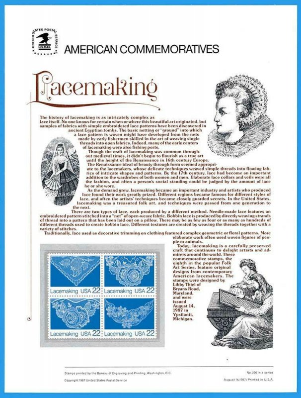 USPS COMMEMORATIVE PANEL #302 LACEMAKING #2351-54