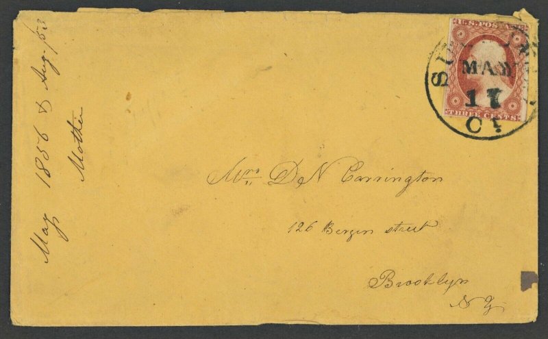 Sc #10 On Cover 1856 Connecticut to New York