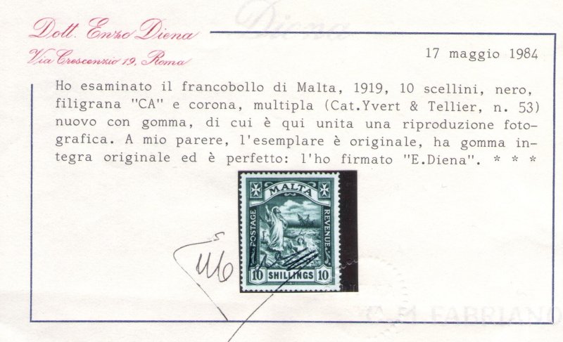 1919 MALTA, Stanley Gibbons # 96 - 10 shillings black, watermark CA - MNH**