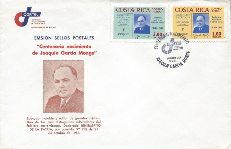 Costa Rica Repertorio Americano, J Garcia Monge, Signature Sc C815-C816 FDC 1981