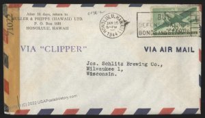 Hawaii USA 1943 WWII Censor Territorial Airmail DC10 20c Cover 109155