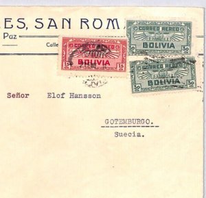 BOLIVIA Air Mail Stamps 1b20c Rate Cover La Paz 1938? SWEDEN Gothenburg YU96