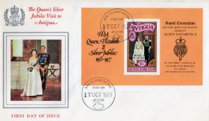 Antigua 1977 Sc#482  QUEEN ELIZABETH II ROYAL VISIT SOUVENIR SHEET FDC