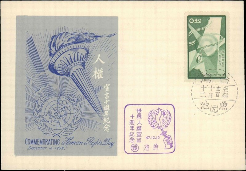 CHINA 1947 SINGLE ON HUMAN RIGHTS UNITED NATIONS CARD