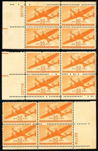 US Stamps # C31 Airmail MNH VF Lot Of 3 Plate Blocks