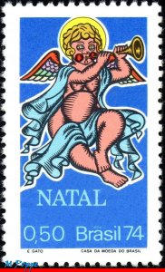 1370 BRAZIL 1974 CHRISTMAS, RELIGION, ANGEL, MI# 1463, RHM C-868, MNH