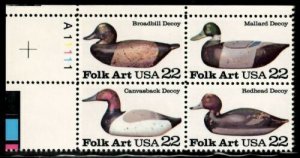 1985 Folk Duck Decoy Plate Block Of 4 22c Postage Stamps, Sc# 2138-2141, MNH, OG