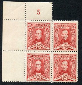 Australia SG117 1 1/2d 1930 Centenary Plate 5 Block U/M