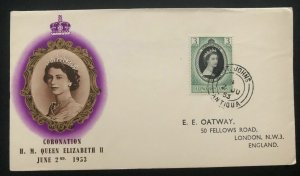 1953 St Johns Antigua First Day Cover QE2 Queen Elizabeth coronation To London