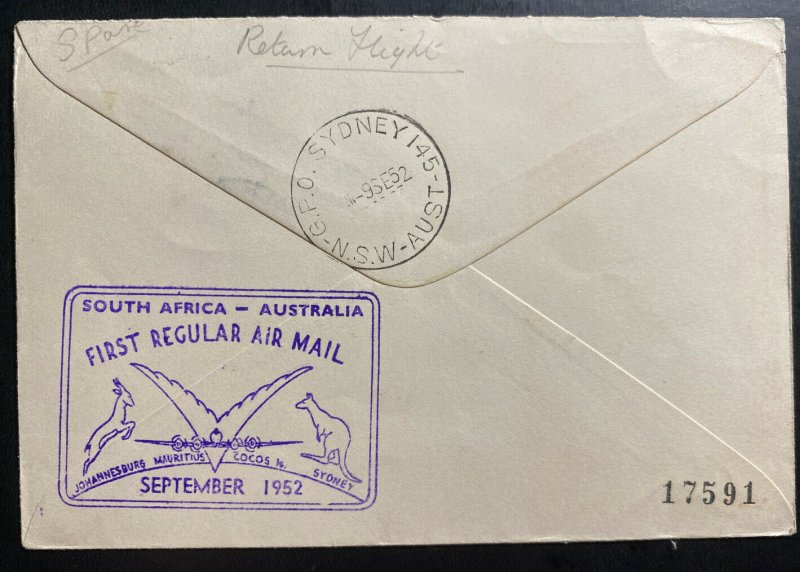 1952 Johannesburg South Africa First Flight Cover  FFC To Sydney Australia Qanta 