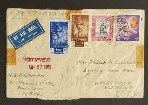 1961 Lalitpur Nepal Woodstock VT Registered Airmail Everest Multi Franking Cover