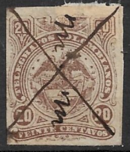 COLOMBIA 1882 20c Arms Telegraph Stamp Imperforate Hisc. No. 10 VFU