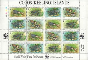 Cocos Islands #262, Complete Set, Sheet of 16, 1992, Birds, World Wildlife Fu...