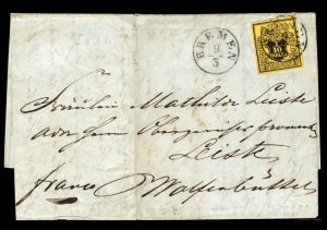 German States, Hanover #6, 1851 1/10th black on yellow, tied by Bremen cancel...