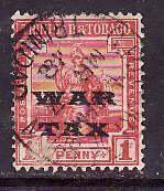 Trinidad & Tobago-Sc#MR11-used 1p Britannia-War Tax-1917-dated Mr 7 1918-