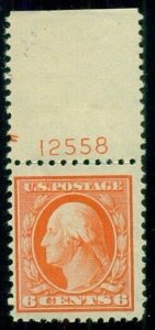 US #506, 6¢ red orange, Plate No. Single, og, NH, VF
