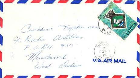Saint Lucia 20c Arms of H.M.S. Pelican 1976 Micoud, St. Lucia Airmail to Mont...